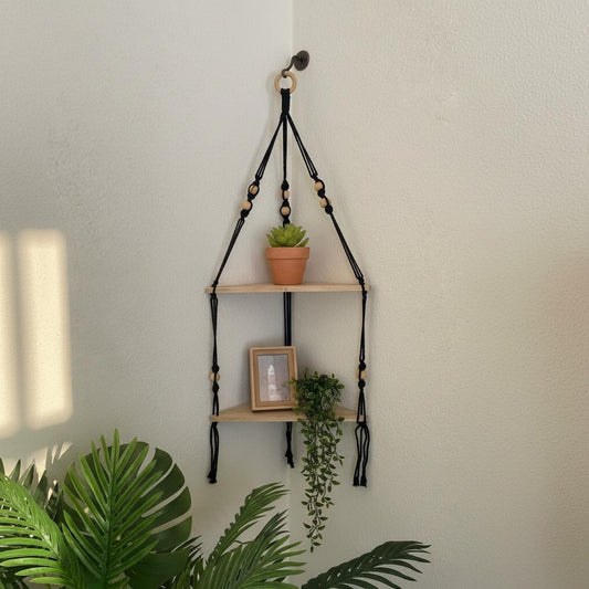 Repisa Colgante de Macramé y Madera Natural
