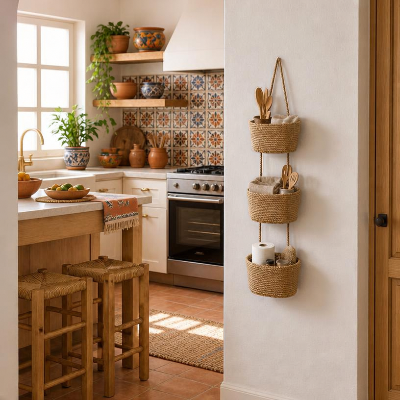 Cesta Colgante de Pared 3 Niveles — Fibra Tejida