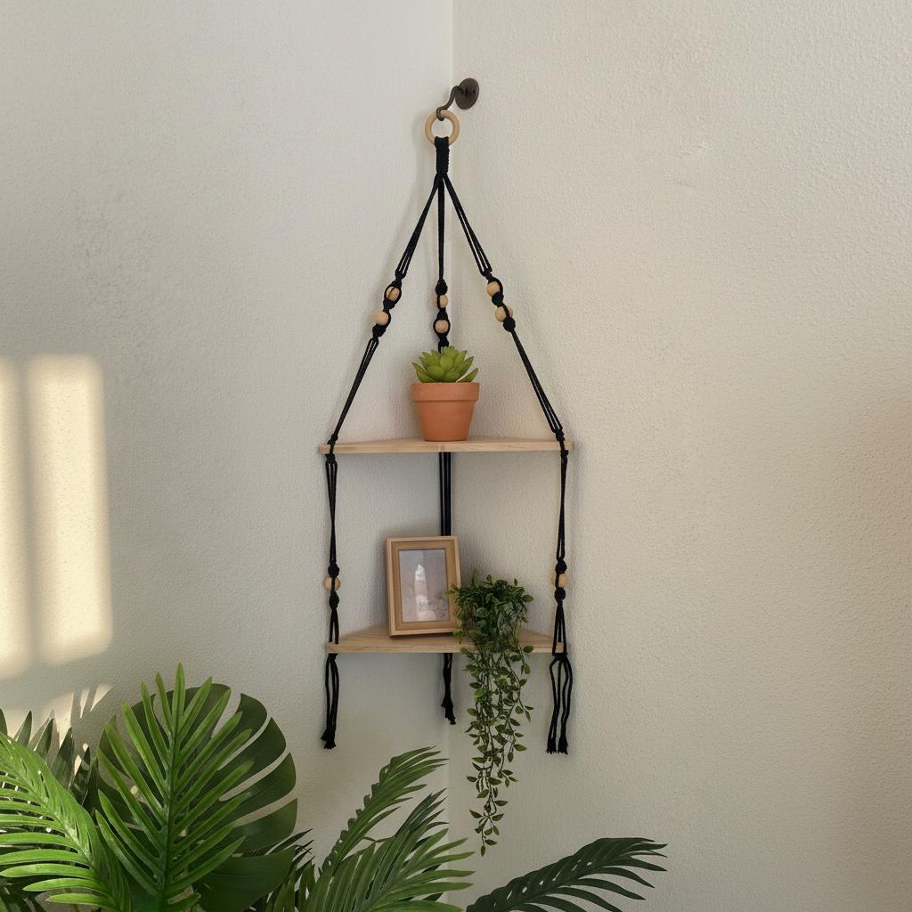 Repisa Colgante de Macramé y Madera Natural