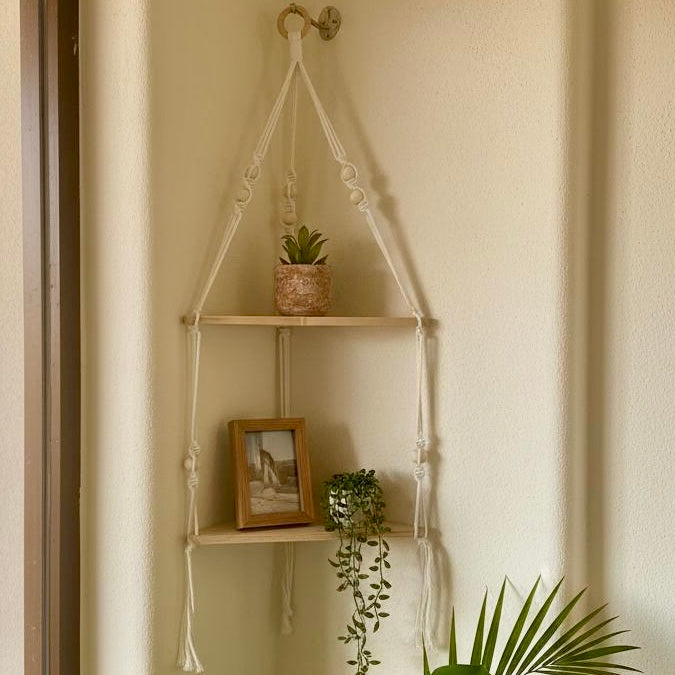Repisa Colgante de Macramé y Madera Natural