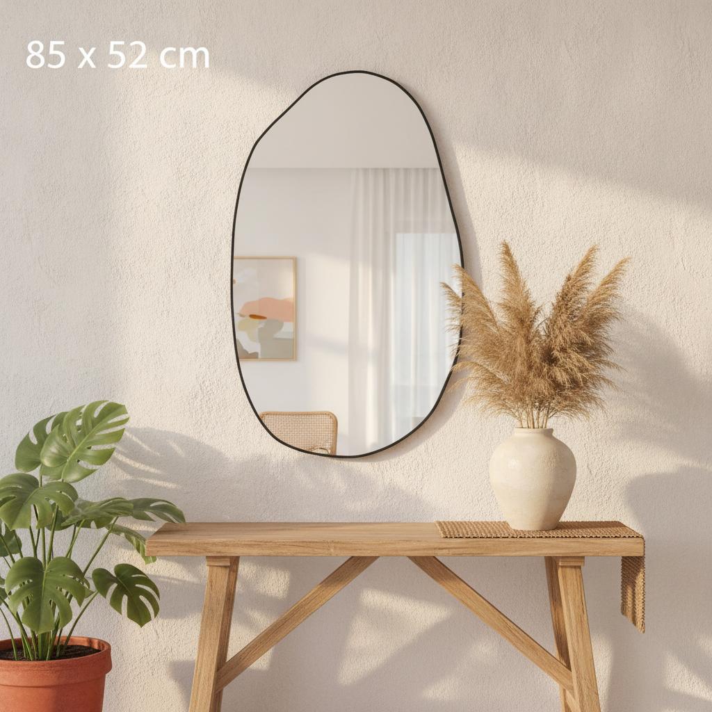 Espejo de Pared Orgánico con Marco Metálico Negro | 85 × 52 cm
