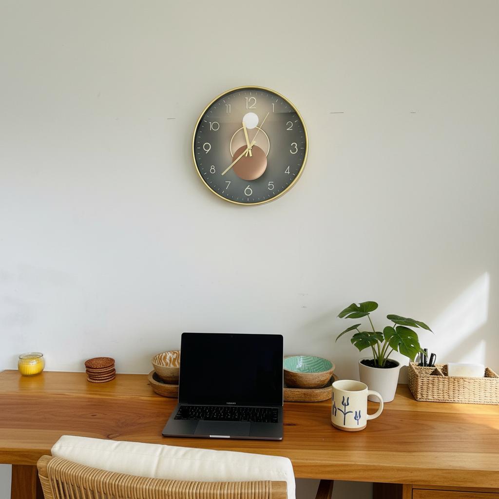 Reloj de Pared Minimalista 30.5 cm — Esfera Oscura con Manecillas Doradas