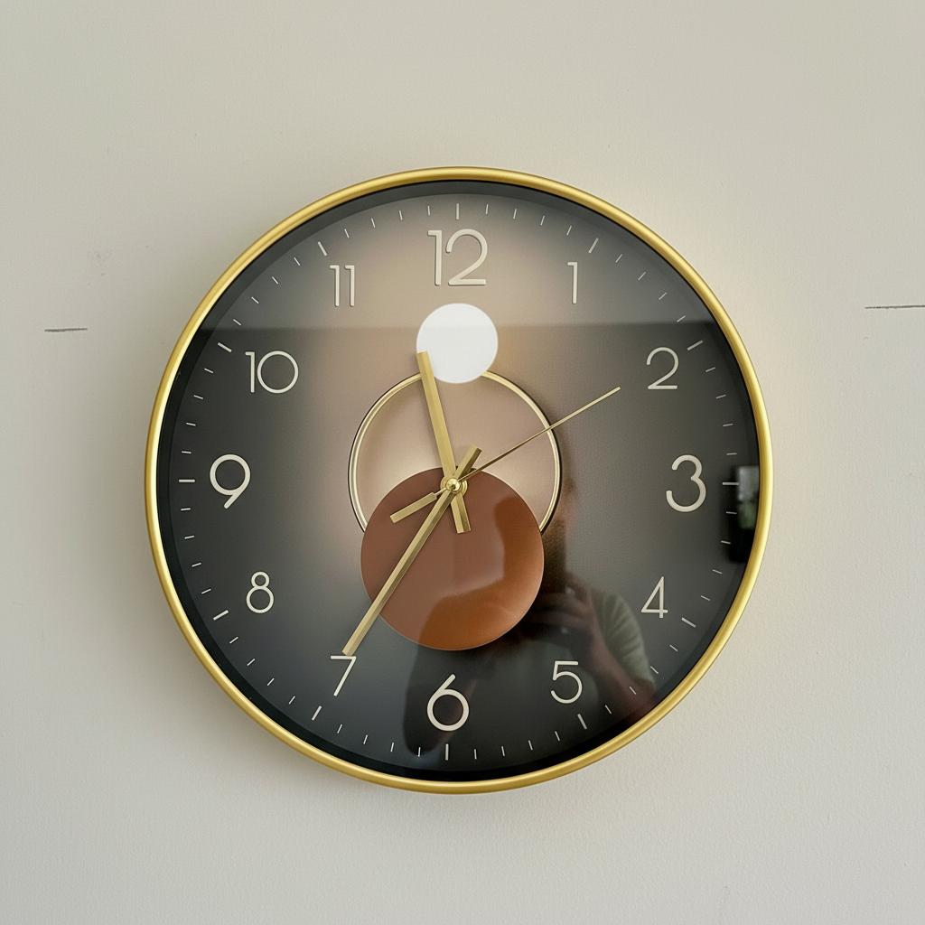 Reloj de Pared Minimalista 30.5 cm — Esfera Oscura con Manecillas Doradas