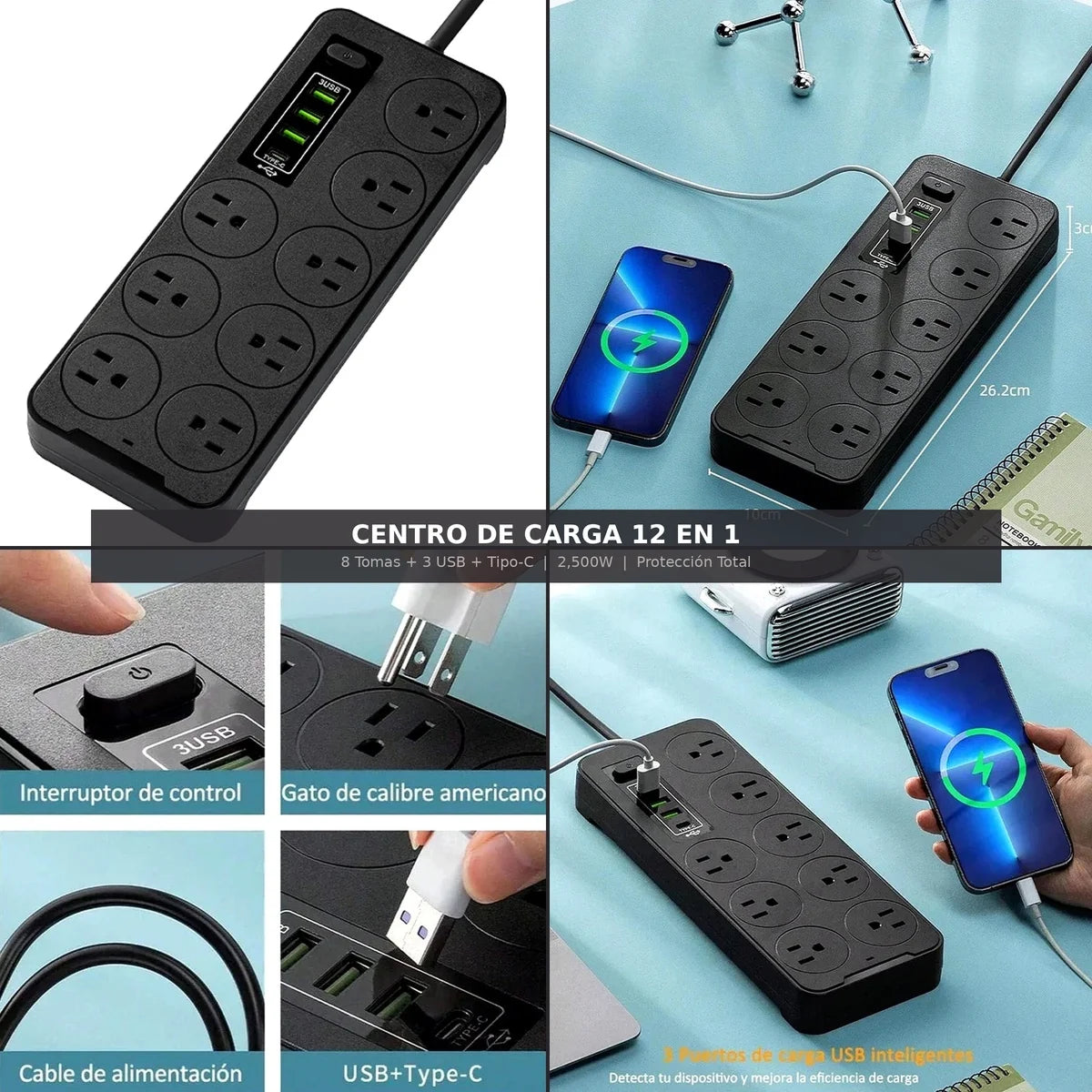 Multicontacto 8 Salidas con 3 USB y USB-C