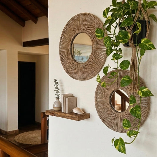 Set de 2 Espejos de Pared Boho con Marco de Cuerda de Cáñamo