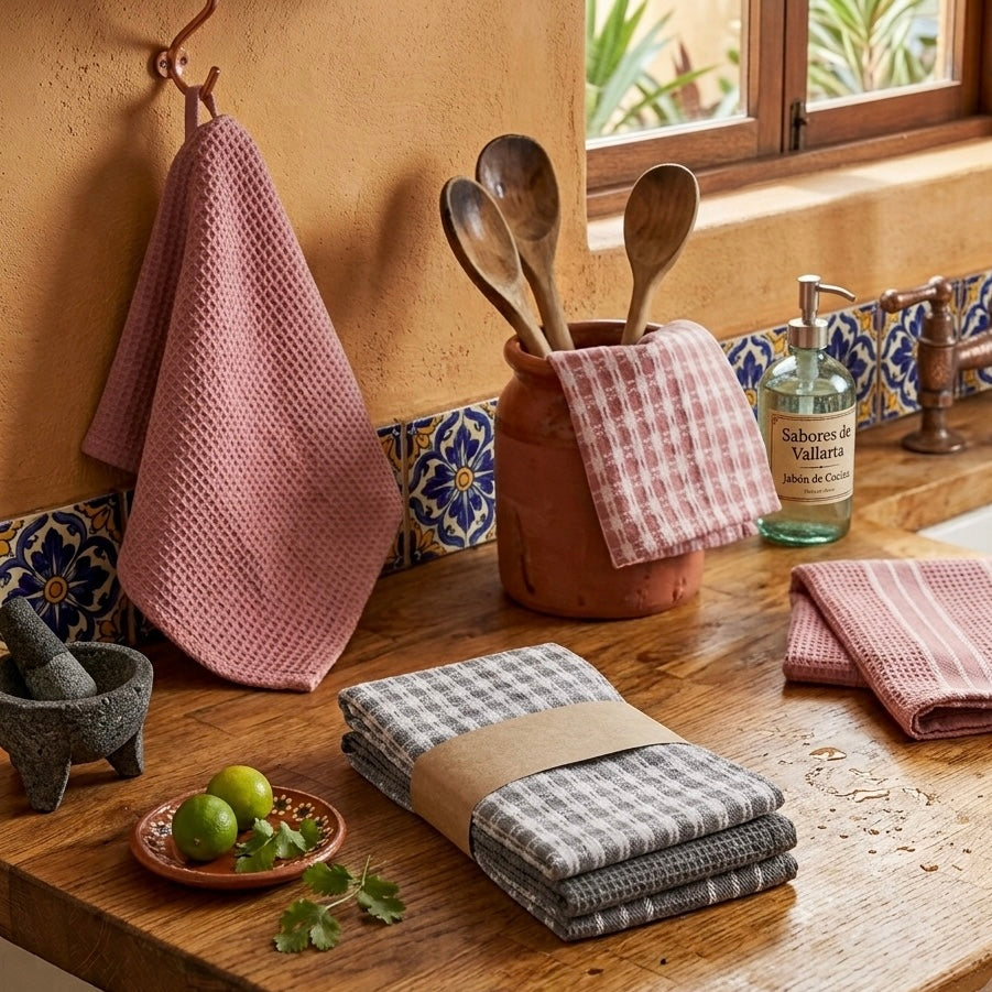 Juego de Toallas de Cocina de Algodón — Trío Clásico (Waffle, Rayas y Cuadros)