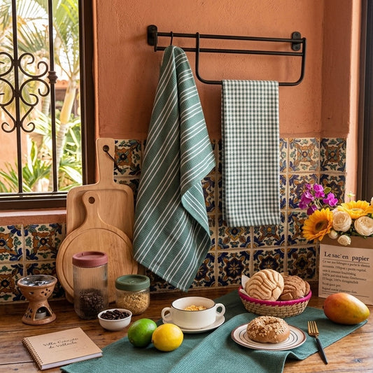 Juego de Toallas de Cocina de Algodón — Trío Clásico (Waffle, Rayas y Cuadros)