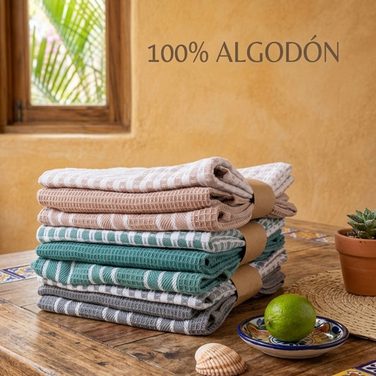 Juego de Toallas de Cocina de Algodón — Trío Clásico (Waffle, Rayas y Cuadros)