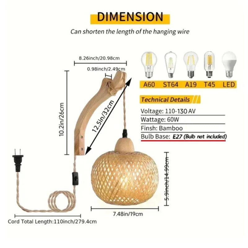 Lámpara Decorativa de Pared en Bambú Tejido — Cable de Yute y Brazo de Madera