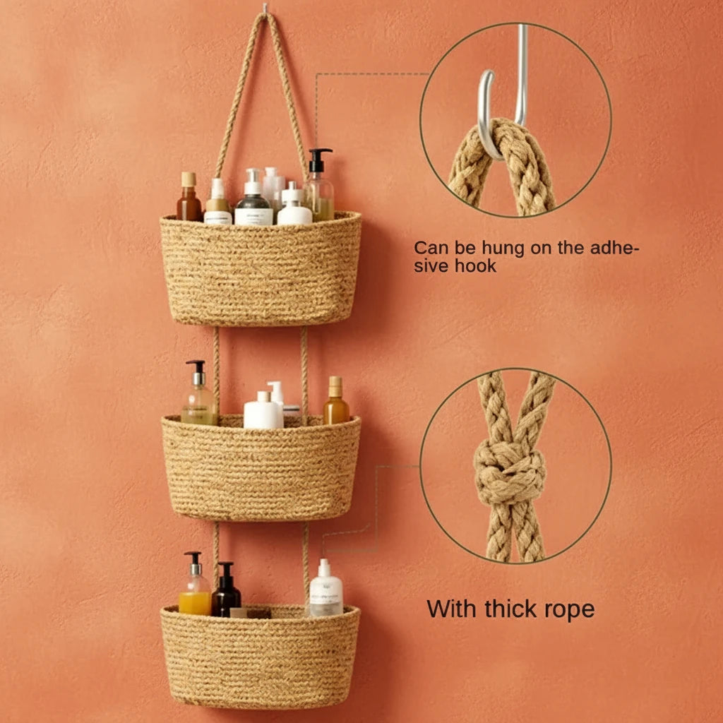 Cesta Colgante de Pared 3 Niveles — Fibra Tejida